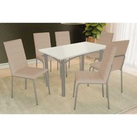 Sala Jantar Mesa Elba Tampo Madeirado c/ Vidro 120cm e 6 Cadeiras Amsterdã Niquel/Off White - Corano Bege - Kappesberg