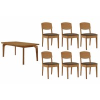 Sala Jantar Mesa Londrina c/ Tampo Madeirado Canto Curvo 180x90cm e 6 Cadeiras Havana Naturale - Suede Marrom - Rufato