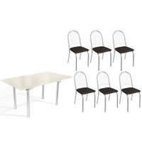 Sala Jantar Mesa Elba Tampo Madeirado c/ Vidro 160cm e 6 Cadeiras Noruega Cromada/Off White - Corano Preto - Kappesberg