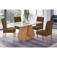 Sala Jantar Mesa Ágata c/ Tampo Madeirado c/ Vidro 130x80cm e 4 Cadeiras Maia Nature/Suede Mascavo Chocolate - Cimol