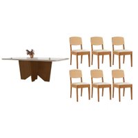 Sala Jantar Mesa Nevada Curvo 180cm + 6 Cadeiras Havana Naturale/Off White - Capuccino/Suede Creme - Rufato