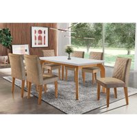 Sala Jantar Mesa Londrina c/ Tampo Madeirado Canto Reto 180x90cm e 6 cadeiras Jade Imbuia/Suede Capuccino - Rufato