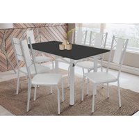 Sala Jantar Mesa Elba Tampo Madeirado c/ Vidro 160cm e 6 Cadeiras Lisboa Cromada/Preto - Corano Branco - Kappesberg