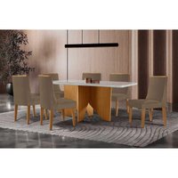 Sala Jantar Mesa Nevada Curvo 180cm + 6 Cadeiras Dakota Madeira Naturale/Off White - Capuccino/Suede Capuccino - Rufato
