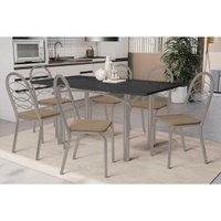 Sala Jantar Mesa Elba Tampo Madeirado c/ Vidro 160cm e 6 Cadeiras Holanda Niquel/Preto - Corano Capuccino - Kappesberg