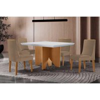 Sala Jantar Mesa Nevada Curvo 90cm + 4 Cadeiras Dakota Madeira Naturale/Off White - Capuccino/Linho Bege - Rufato