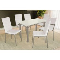 Sala Jantar Mesa Elba Tampo Madeirado c/ Vidro 120cm e 6 Cadeiras Amsterdã Niquel/Off White - Corano Branco - Kappesberg