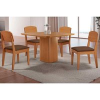 Sala Jantar Mesa Maldivas c/ Tampo Madeirado Canto Curvo 90x90cm e 4 Cadeiras Havana Naturale - Suede Marrom - Rufato