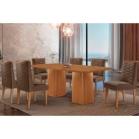 Sala Jantar Mesa Maldivas c/ Tampo Madeirado Canto Curvo 180x90cm e 6 Cadeiras Dafne Naturale - Suede Marrom - Rufato