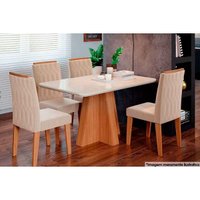 Sala Jantar Mesa Maite c/ Tampo Madeirado c/ Vidro Canto Curvo 130x80cm e 4 Cadeiras Paola Madeirado/ Linho Bege - Cimol