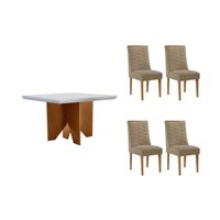 Sala Jantar Mesa Nevada Curvo 90cm + 4 Cadeiras Maldivas Madeira Naturale/Off White - Capuccino/Linho Bege - Rufato