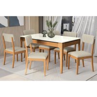 Sala Jantar Mesa Premium Madeira Maciça c/ Tampo c/ Vidro 160x90cm e 6 Cad Telma Carvalho/Off White - Linho Bege Areia