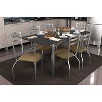 Sala Jantar Mesa Elba Tampo Madeirado c/ Vidro 160cm e 6 Cadeiras Portugal Cromada/Preto - Corano Capuccino - Kappesberg