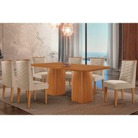 Sala Jantar Mesa Maldivas c/ Tampo Madeirado Canto Curvo 180x90cm e 6 Cadeiras Dafne Naturale - Suede Creme - Rufato
