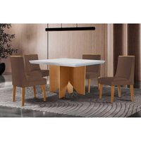 Sala Jantar Mesa Nevada Curvo 90cm + 4 Cadeiras Dakota Madeira Naturale/Off White - Capuccino/Corano Capuccino - Rufato