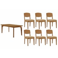 Sala Jantar Mesa Londrina c/ Tampo Madeirado Canto Curvo 180x90cm e 6 Cadeiras Havana Naturale - Suede Creme - Rufato