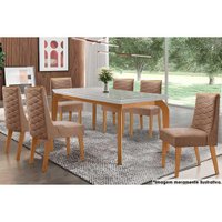 Sala Jantar Mesa Londrina c/ Tampo Madeirado c/ Vidro 180x90cm e 6 Cadeiras Dafne Capuccino/Suede Capuccino - Rufato