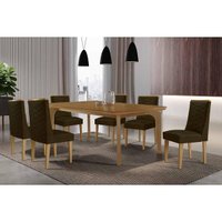 Sala Jantar Mesa Londrina c/ Tampo Madeirado Canto Curvo 180x90cm e 6 Cadeiras Dafne Naturale - Suede Marrom - Rufato