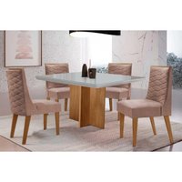 Sala Jantar Mesa Berlim Curvo 90cm + 4 Cadeiras Dafne Naturale/Off White - Linho Capuccino - Rufato