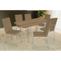Sala Jantar Mesa Elba c/ Tampo de Madeira 160cm e 6 Cadeiras Amsterdã Cromada/Nogueira - Corano Capuccino - Kappesberg
