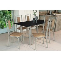 Sala Jantar Mesa Elba Tampo Madeirado c/ Vidro 160cm e 6 Cadeiras Florença Niquel/Preto - Corano Capuccino - Kappesberg