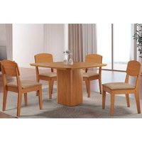 Sala Jantar Mesa Maldivas c/ Tampo Madeirado Canto Curvo 90x90cm e 4 Cadeiras Havana Naturale - Linho Bege - Rufato