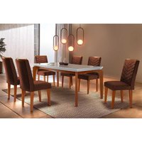 Sala Jantar Mesa Londrina Tampo MDF/Vidro Canto Curvo 180cm + 6Cadeiras Londrina Imbuia-Capuccino/Suede Marrom - Rufato