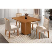 Sala Jantar Mesa Maldivas c/ Tampo Madeirado Canto Curvo 90x90cm e 4 Cadeiras Maldivas Naturale - Suede Creme - Rufato