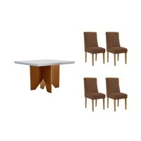 Sala Jantar Mesa Nevada Curvo 90cm + 4 Cadeiras Maldivas Madeira Naturale/Off White - Capuccino/Suede Marrom - Rufato