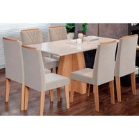 Sala Jantar Mesa Maitê Tampo Madeirado c/ Vidro Canto Curvo 160X80cm e 6 Cadeiras Nicole Nature/Suede Nude Bege - Cimol