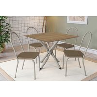 Sala Jantar Mesa Volga c/ Tampo de Madeira 90cm e 4 Cadeiras Noruega Niquel/Nogueira - Corano Capuccino - Kappesberg