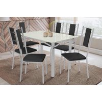 Sala Jantar Mesa Elba Tampo Madeirado c/ Vidro 120cm e 6 Cadeiras Lisboa Cromada/Off White - Corano Preto - Kappesberg