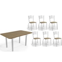 Sala Jantar Mesa Elba c/ Tampo de Madeira 160cm e 6 Cadeiras Portugal Cromada/Nogueira - Corano Capuccino - Kappesberg