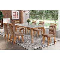 Sala Jantar Mesa Londrina Tampo MDF/Vidro Canto Curvo 180cm + 6Cadeiras Imperatriz Imbuia/Suede Capuccino - Rufato