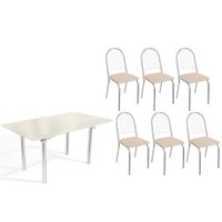 Sala Jantar Mesa Elba Tampo Madeirado c/ Vidro 160cm e 6 Cadeiras Noruega Cromada/Off White - Corano Bege - Kappesberg