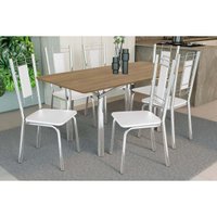 Sala Jantar Mesa Elba c/ Tampo de Madeira 160cm e 6 Cadeiras Florença Cromada/Nogueira - Corano Branco - Kappesberg