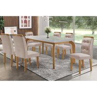 Sala Jantar Mesa Londrina Tampo MDF/Vidro Canto Curvo 180cm + 6Cadeiras Imperatriz Capuccino/Linho Bege Turim - Rufato