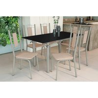Sala Jantar Mesa Elba Tampo Madeirado c/ Vidro 160cm e 6 Cadeiras Florença Niquel/Preto - Corano Bege - Kappesberg