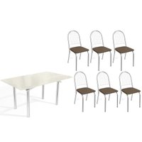 Sala Jantar Mesa Elba Tampo Madeirado c/ Vidro 160cm e 6 Cadeiras Noruega Cromada/Off White - Corano Marrom - Kappesberg
