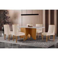 Sala Jantar Mesa Nevada Curvo 180cm + 6 Cadeiras Dakota Madeira Naturale/Off White - Capuccino/Suede Creme - Rufato