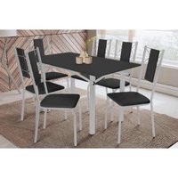 Sala Jantar Mesa Elba Tampo Madeirado c/ Vidro 160cm e 6 Cadeiras Lisboa Cromada/Preto - Corano Preto - Kappesberg