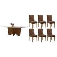 Sala Jantar Mesa Nevada Curvo 180cm + 6 Cadeiras Maldivas Madeira Naturale/Off White - Capuccino/Suede Marrom - Rufato