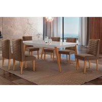 Sala Jantar Mesa Havana Curvo 180cm + 6 Cadeiras Dafne Naturale/Off White - Suede Marrom - Rufato