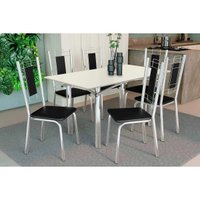 Sala Jantar Mesa Elba Tampo Madeirado c/ Vidro 160cm e 6 Cadeiras Florença Cromada/Off White - Corano Preto - Kappesberg