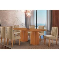 Sala Jantar Mesa Maldivas c/ Tampo Madeirado Canto Curvo 180x90cm e 6 Cadeiras Dafne Naturale - Linho Bege - Rufato