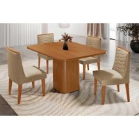 Sala Jantar Mesa Maldivas c/ Tampo Madeirado Canto Curvo 90x90cm e 4 Cadeiras Maldivas Naturale - Linho Bege - Rufato