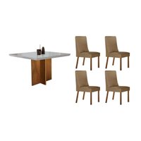 Sala Jantar Mesa Berlim Curvo 90cm + 4 Cadeiras Dakota Naturale/Off White - Linho Bege - Rufato