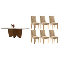 Sala Jantar Mesa Nevada Curvo 180cm + 6 Cadeiras Maldivas Madeira Naturale/Off White - Capuccino/Linho Bege - Rufato