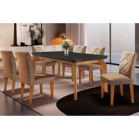 Sala Jantar Mesa Londrina Tampo Madeirado c/ Vidro Curvo 180x90cm e 6 Cadeiras Melissa Imbuia/Suede Capuccino - Rufato