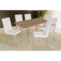 Sala Jantar Mesa Elba c/ Tampo de Madeira 160cm e 6 Cadeiras Amsterdã Cromada/Nogueira - Corano Branco - Kappesberg